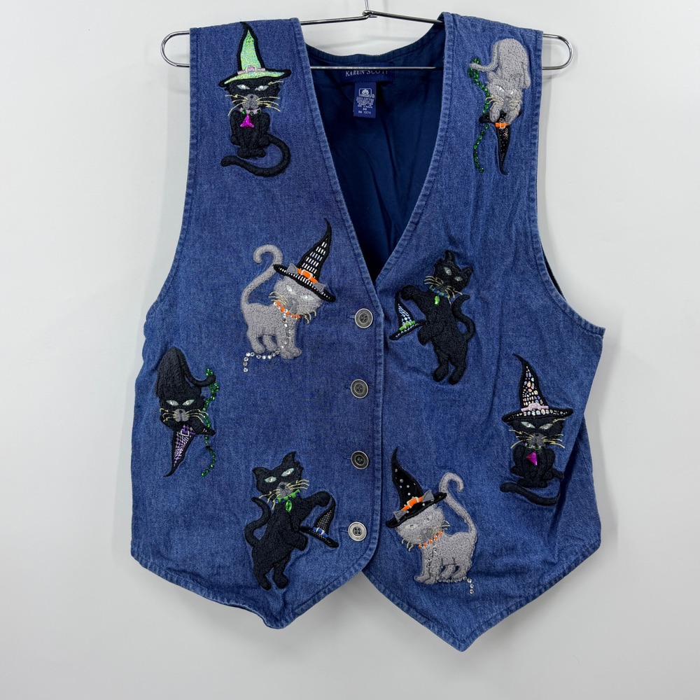 Karen Scott Womens Medium Blue Denim Halloween Witch Cat Sequin Embroidered Vest